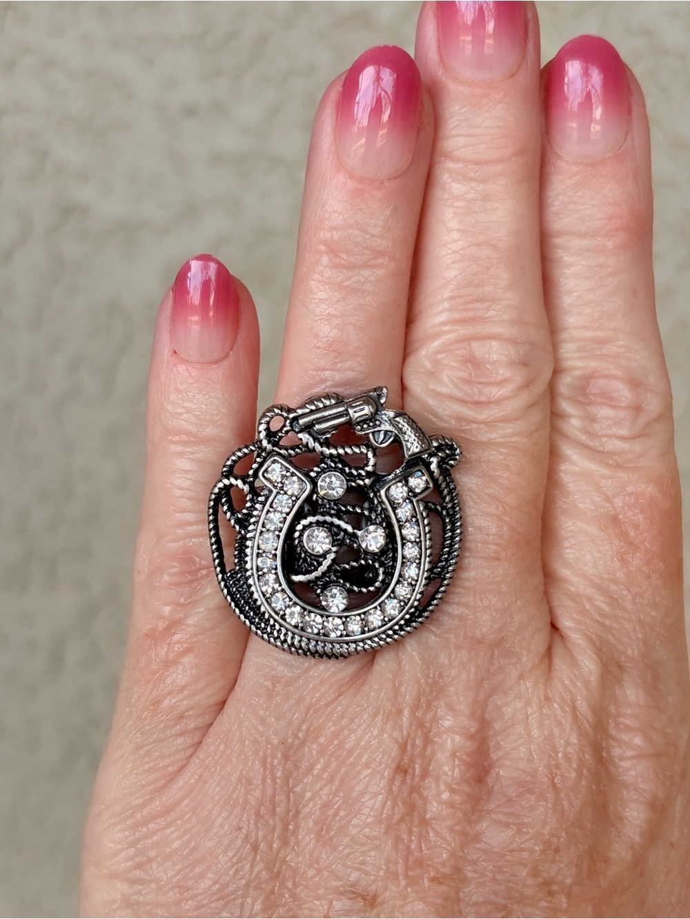 Western Silver-Tone Horseshoe Crystal Statement Ring